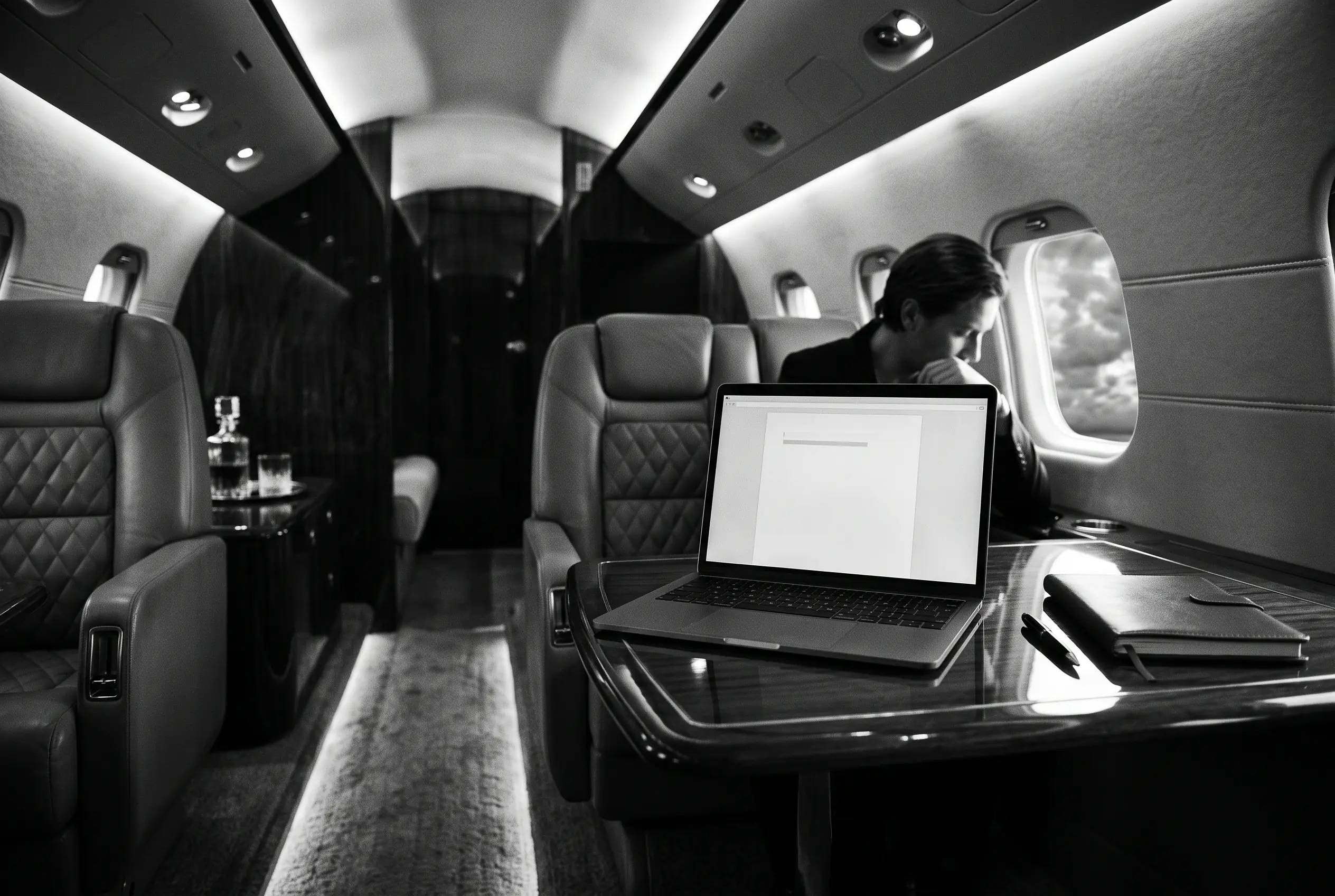 Leather club seats inside a midsize private jet cabin